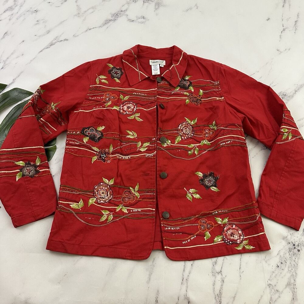 Coldwater Creek Womens Vintage Y2k Embellished Jacket Size M Red Floral Sequins